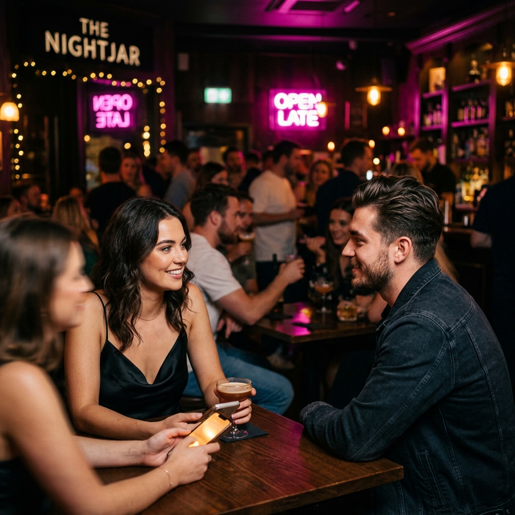 CheckInDate interface showing nearby people and conversation prompts